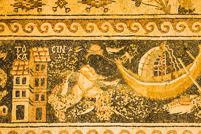 Um er-Rasas, Jordan, by Evan Jewell. The mosaic pictured here comes from the church of St. Stephen, dated to 785 CE. In part it depicts the cities of the Nile delta in Egypt--conjuring up a world of water and abundance which was far removed (environmentally and geographically) from the Jordanian desert. The boating scene here has been defaced by iconoclasts, either Byzantine (post Emperor Leo) or Ummayad (post Cailph Yazid II) and yet the face of the boatman was carefully replaced with mixed tesserae. This raises questions about the status of an artwork and its aesthetics, and its subordination to and/or interplay with overriding religious and political ideologies.