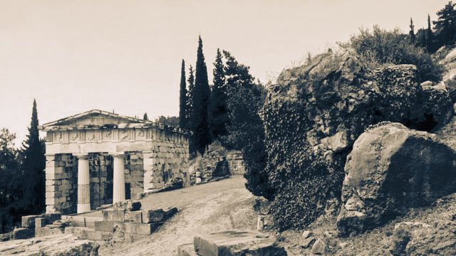 The Treasury of the Athenians and the Rock of the Sybil at the Sanctuary of Apollo at Delphi, by Maria Dimitropoulos. The Treasury of the Athenians, erected perhaps because of their victory at Marathon, is the best preserved structure in Delphi, a sanctuary dedicated to Apollo. The small doric building made of Parian marble resembles a temple.The relief metopes of its frieze show the exploits of Herakles and Theseus. Beside it is the rock on which the sybil sat on when giving the oracles, according to Pausanias.