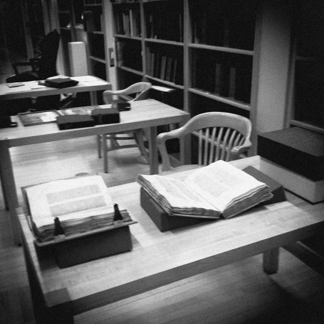 The Reading Room in the Columbia Rare Book and Manuscript Library, replete with items from the special collections out on the study desks, by Nicholas Lamb. Columbia students are encouraged to make use of the special collections in the course of their study, and both my professors and Columbia’s curators have encouraged me to incorporate special collections work into my research.