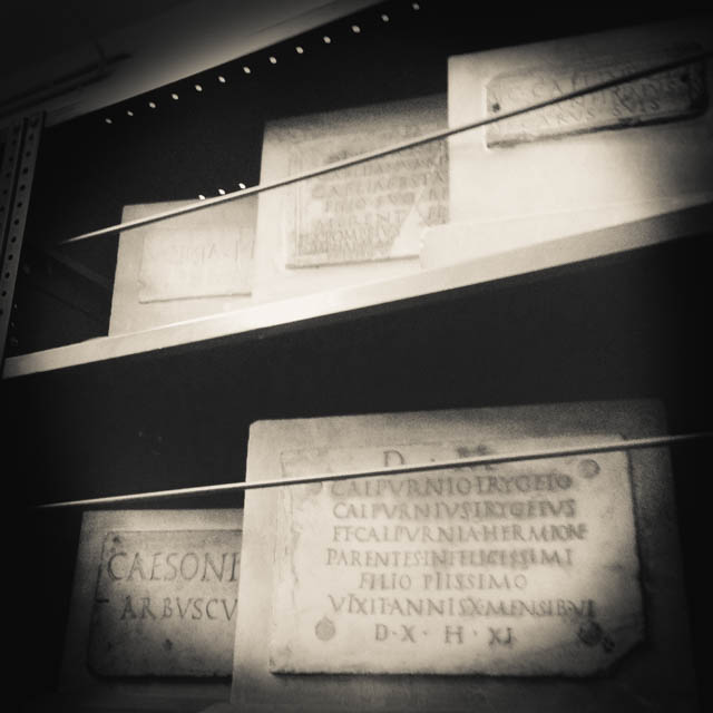 A glimpse inside the great storeroom, by Stephanie Melvin. The storeroom contains thousands of funerary inscriptions, most of which come from columbaria and were collected by the upper classes during their 'Grand Tour' in the 18th and 19th centuries. 